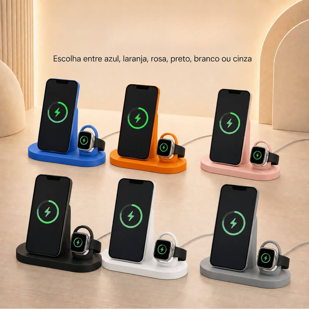 Suporte Carregador por Indução Duplo para Celular e Relógio Organizador de Mesa