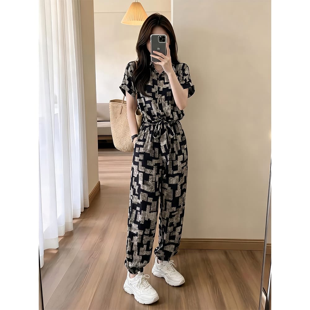 Terno Casual feminino 2026 verão novo estilo impressão geométrica macacão feminino estilo ocidental All-Match cintura es