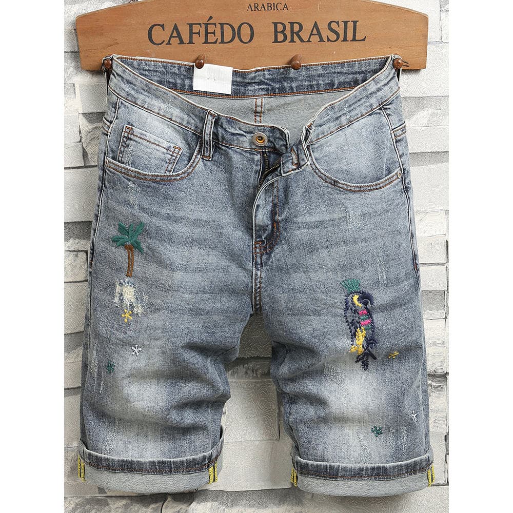 2026 novo estilo High-End bordado rua Wear calças masculinas Shorts jeans verão estilo fino cinco pontos