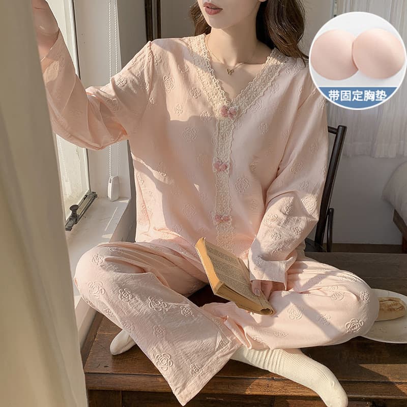Nuvem pijamas de algodão feminino com almofada no peito primavera outono versão coreana estilo doce solto manga comprida