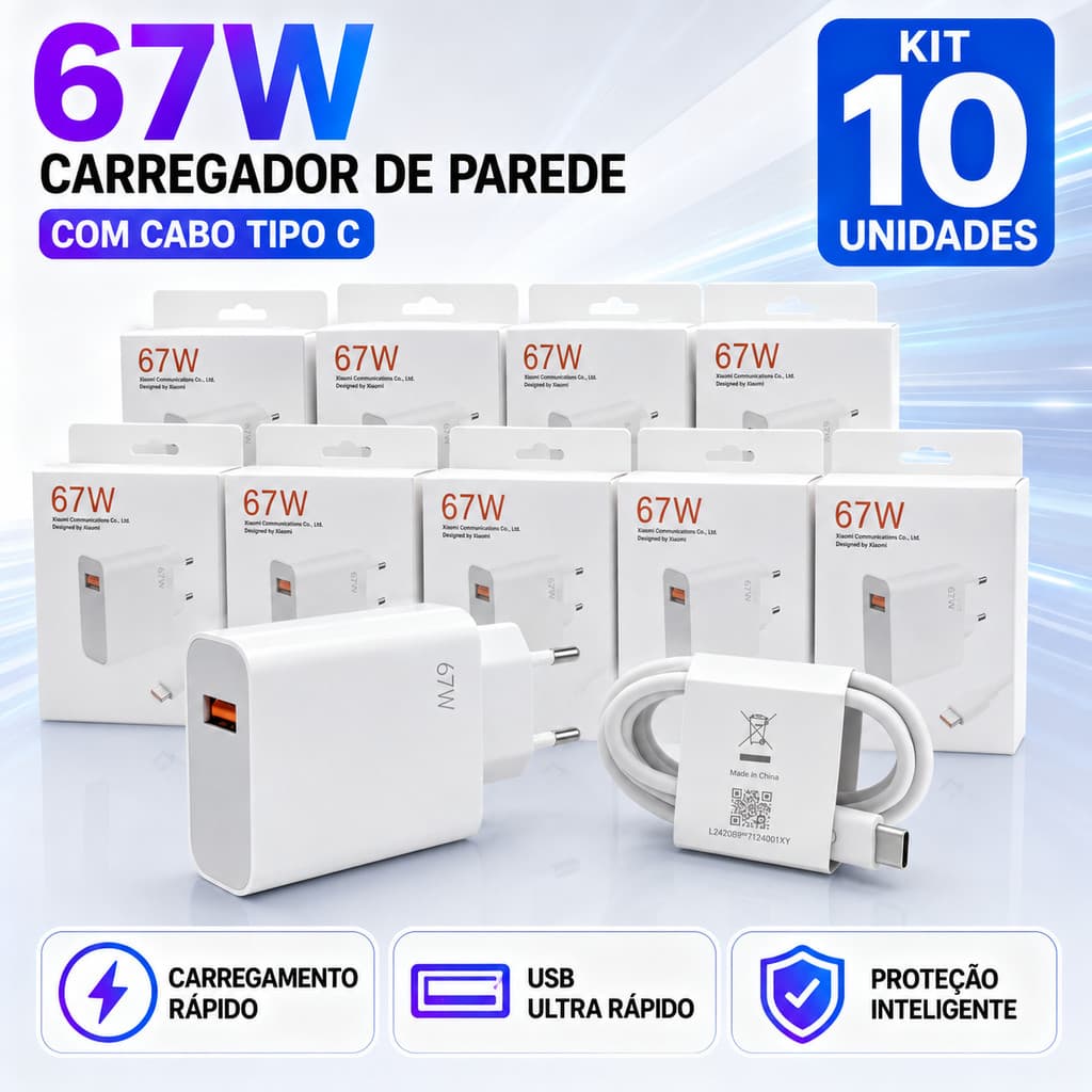 Atacado Kit 4/10 carregador p/xiaomi 67w/120w turbo charger cabo resistente tipo-c e carregamento rapido
