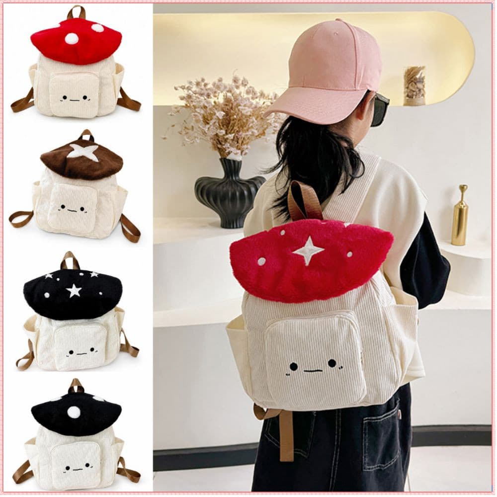 Mochila Escolar  , Preta Vermelha Café Estrela Ponto Desenho Animado Mushoom , Bolsa De Ombro Com Capa Flip De Velu