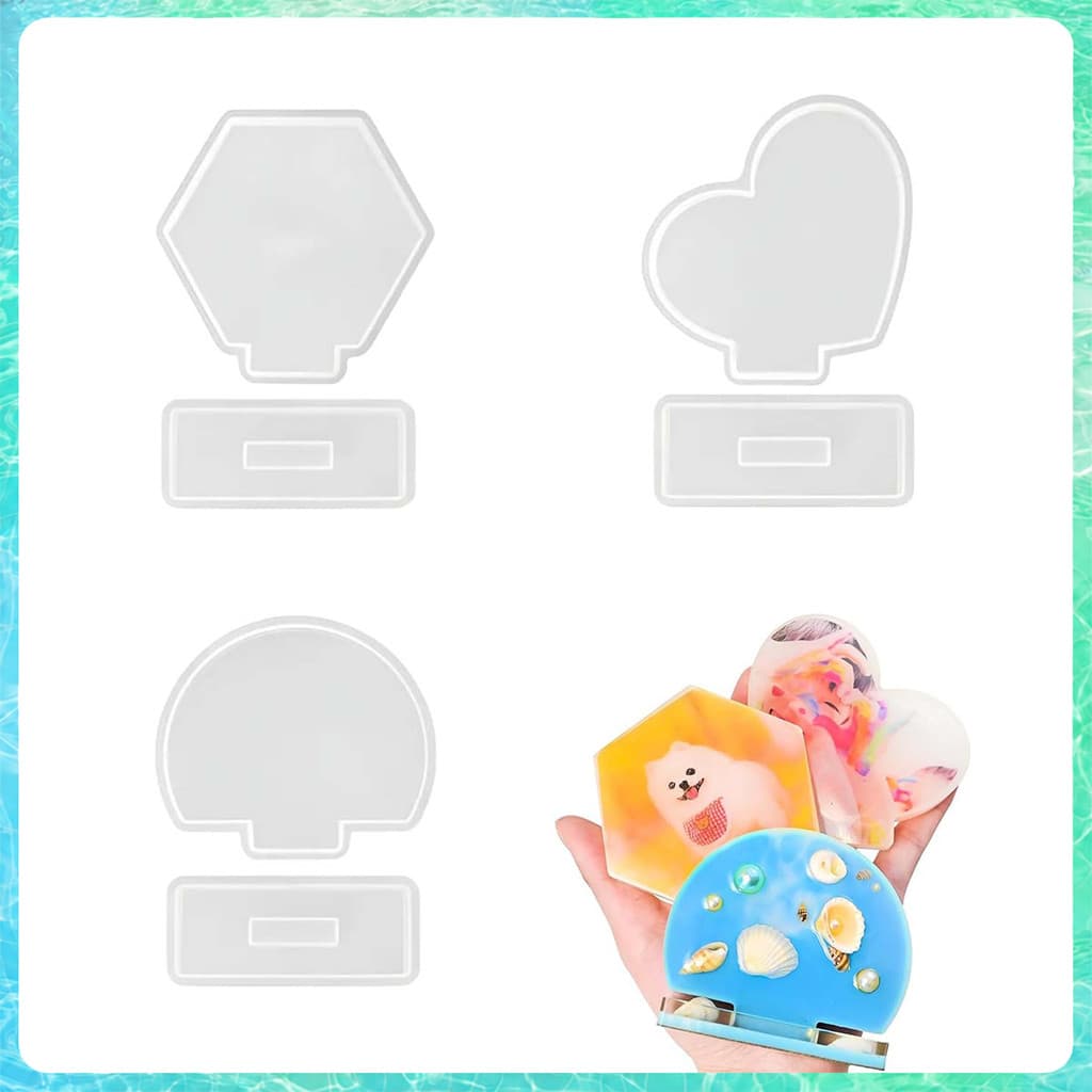 Molde de Silicone para Porta-retrato com Base 3 Formas – coração, semicírculo, hexágono, para resina e gesso, iniciantes