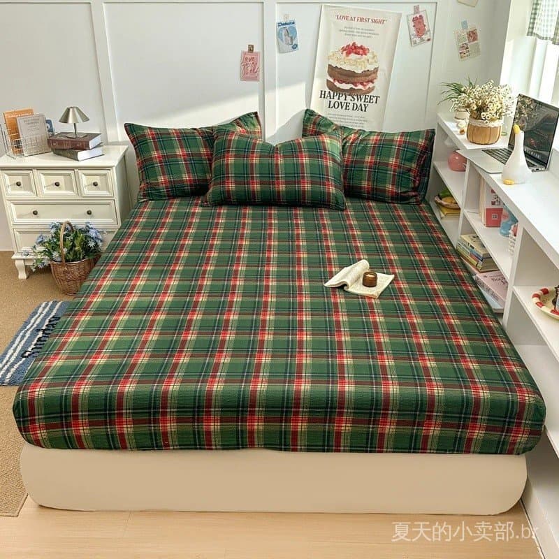Lençol Ajustável Estampado Xadrez para Cama de Solteiro/Casal/Queen, Lençol Ajustável de Toque Macio, Chiffon Canelado,