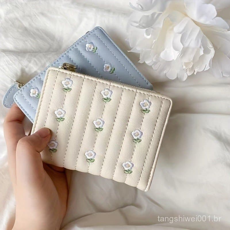 Carteira Mini Dobrável Feminina Estilo Doce com Bordado de Flores, Bolso para Dinheiro, Porta Cartões, Porta Moedas com