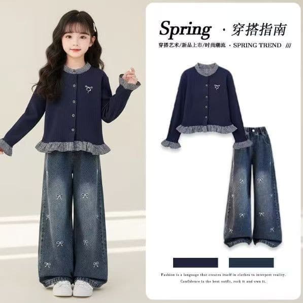 2026 primavera outono menina criança média bordada renda Jeans de perna larga moda menina terno 9.9