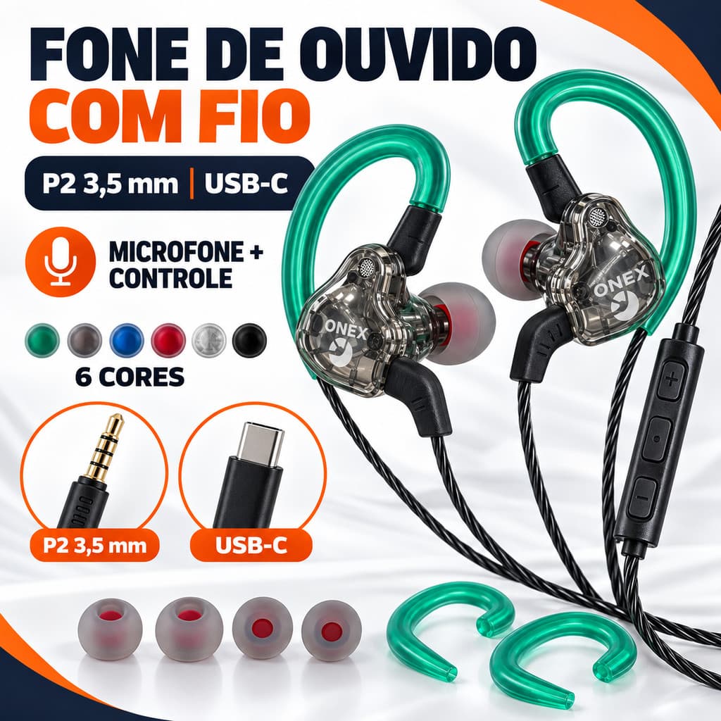 Fone De Ouvido ONEX USB-C Tipo-C Com Fio Intra-Auricular Gamer, Microfone, Controle E Gancho Auricular