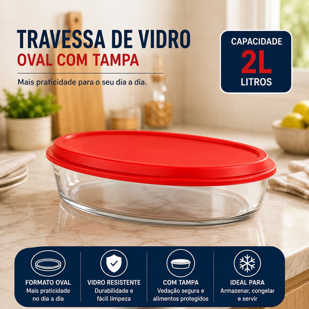 Travessa de Vidro com Tampa Pote Refratário 2L Oval