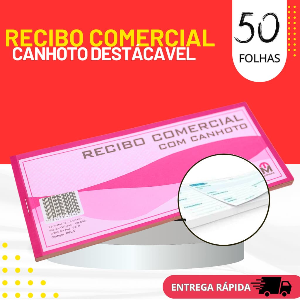 1 Talão Impresso Recibo Comercial Com Canhoto Destacável 50 Folhas Pagamentos e Controle Financeiro