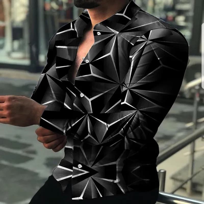 Camisas Casuais Masculinas Estampadas de Primavera, com Padrão de Losangos Estereoscópicos, Estilo Streetwear, Cardigã M