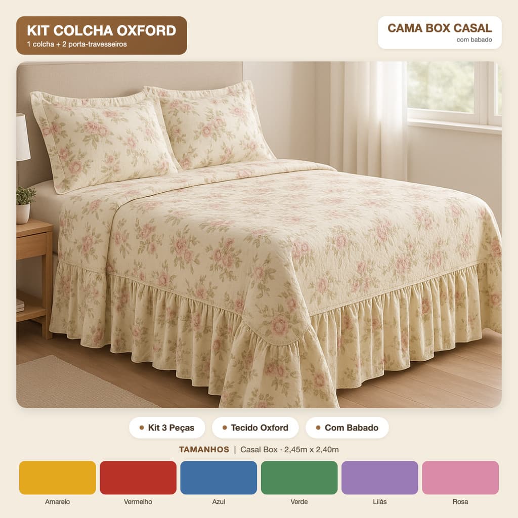 Cobre Leito Casal Box Oxford Kit Colcha 3 Peças com Babado 2,45x2,40 Estampada