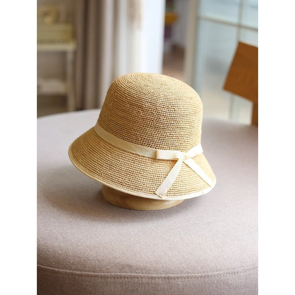 Estilo japonês ráfia artesanal crochê pote chapéu arco balde chapéu viagem compras férias protetor solar guarda-sol chap