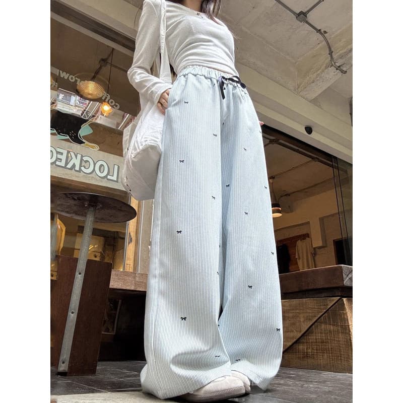 Primavera verão solto sentir Bowknot bordado listrado calças casuais feminino solto estilo coreano nicho em linha reta l