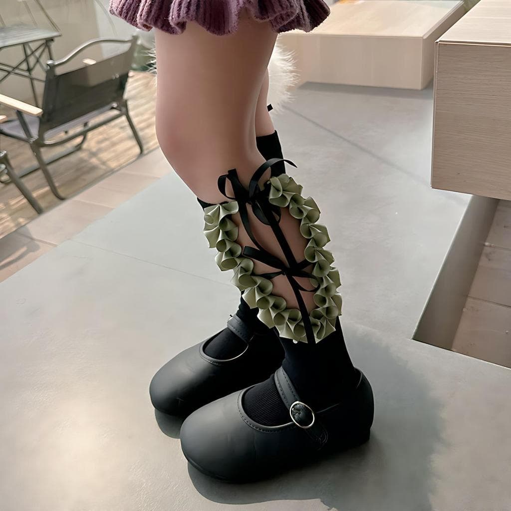 Versão coreana renda verde rendas rendas rendas rendas menina bebê meias de algodão desempenho passarela meias infantis