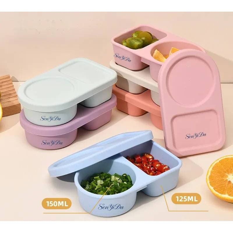 Recipiente de silicone com dois compartimentos, lancheira hermética portátil para condimentos e petiscos com tampa