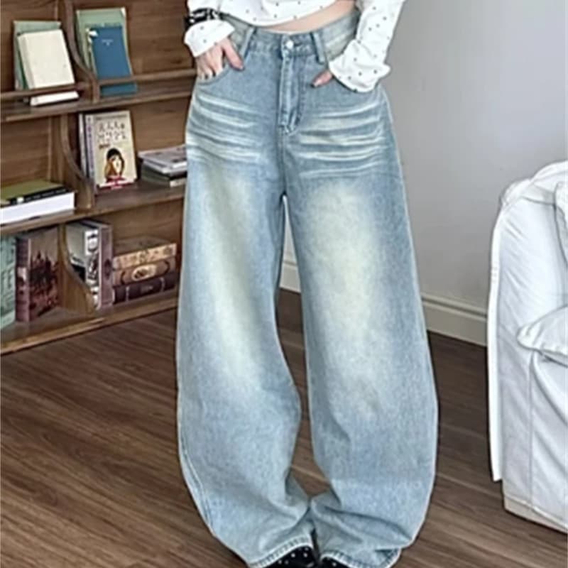 Azul lavado Jeans feminino primavera 2026 versão coreana alta cintura alta calças largas perna cobrindo calças de carne