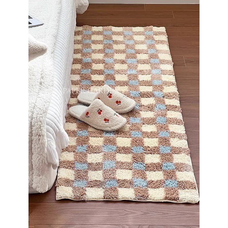 Influenciador mesmo estilo Retro High-End xadrez reunindo tapete menina quarto antiderrapante cobertor de cabeceira long