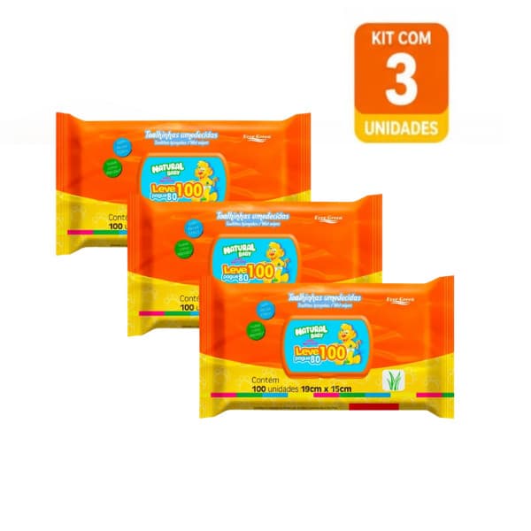 Kit 3 Toalhas Umedecidas Natural  Baby 100 Lenços Leve 100 Pague 80