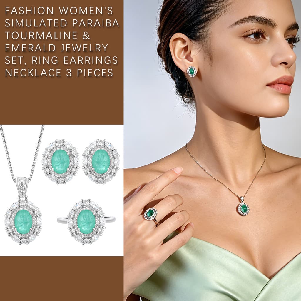 💎 Conjunto de Joias Femininas com Paraíba e Esmeralda Simuladas, Anel Brinco Colar