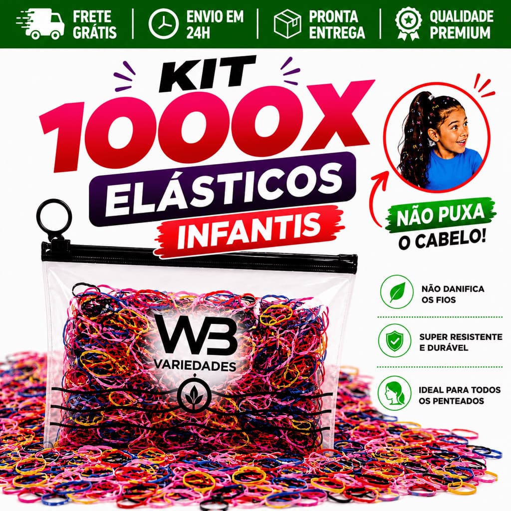 Kit 1000 Elásticos de Cabelo Feminino Multicolorido com Necessaire Envio Rápido