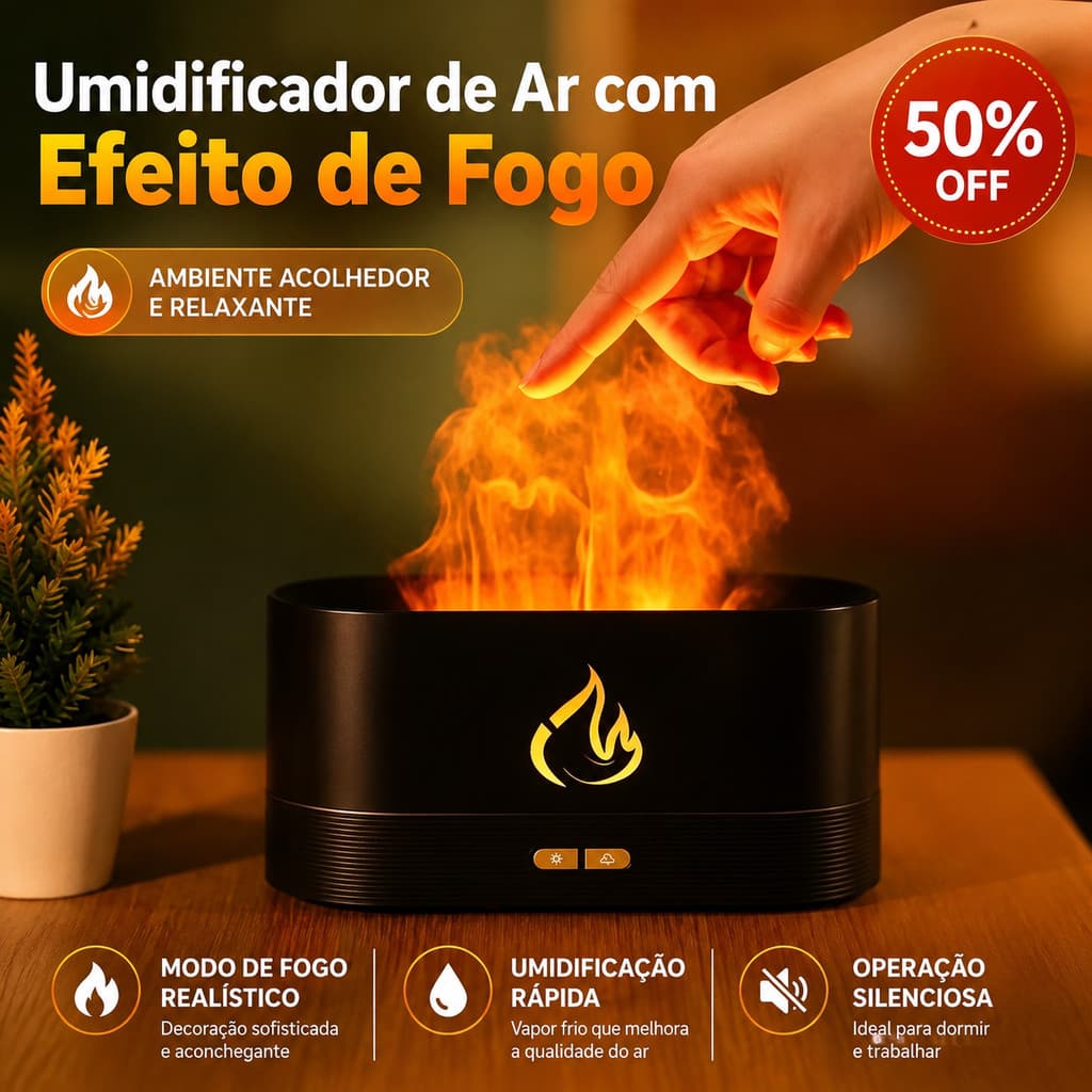 Umidificador Difusor Aroma Efeito Chama | Portátil USB Silencioso| Luminária Led Uso Doméstico Relaxamento Sono