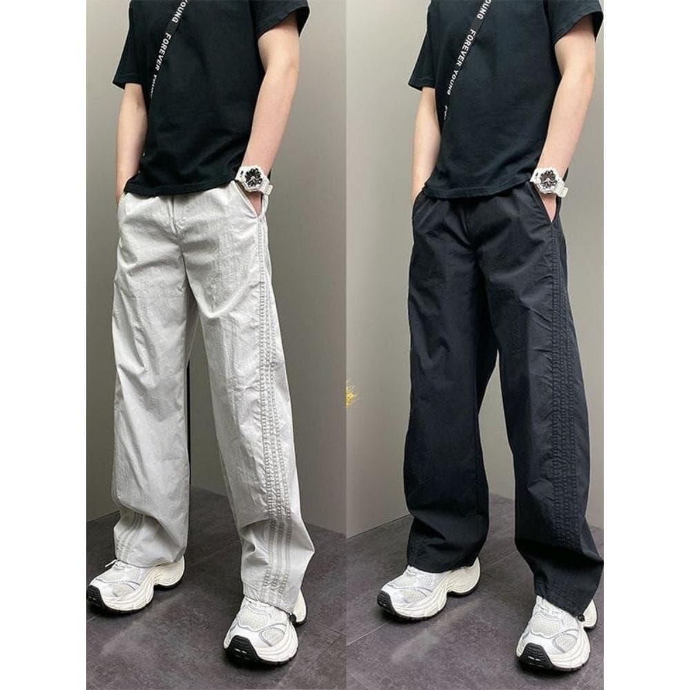 Verão estilo fino rufião bonito calças masculinas na moda novo estilo listrado solto cordão reto Casual T