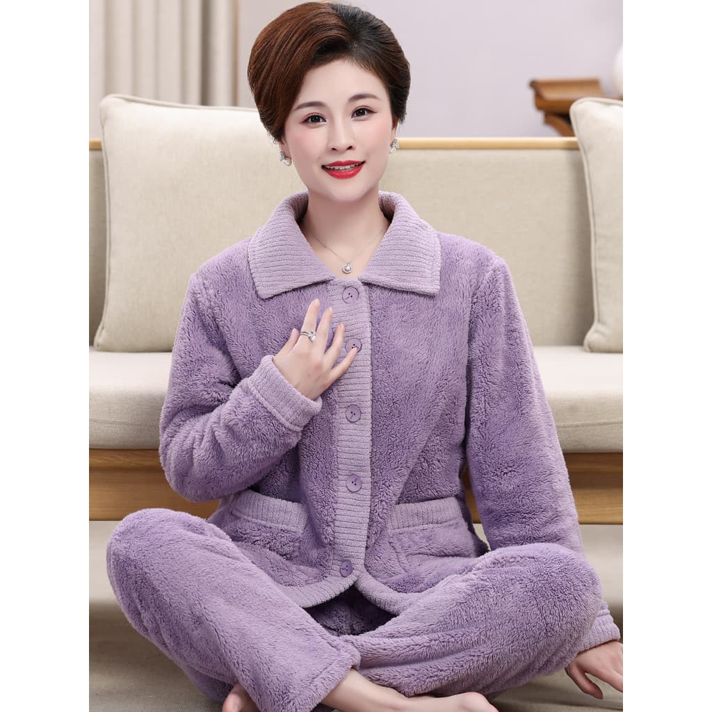Pijama feminino de lã Coral para idosos de meia-idade, outono inverno, mães, lã, flanela espessada