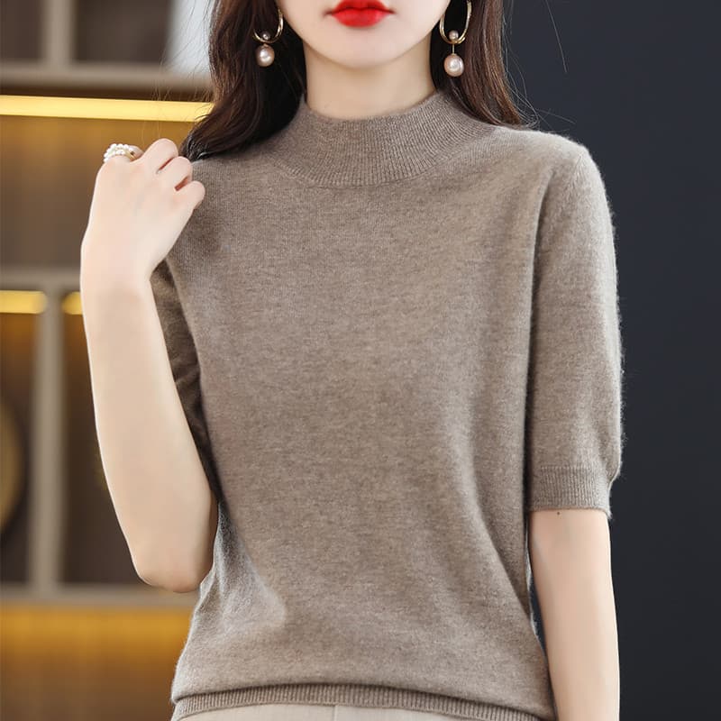 2025 outono camiseta de manga curta feminina gola meia alta primavera outono All-Match camisa pequena de manga média cor