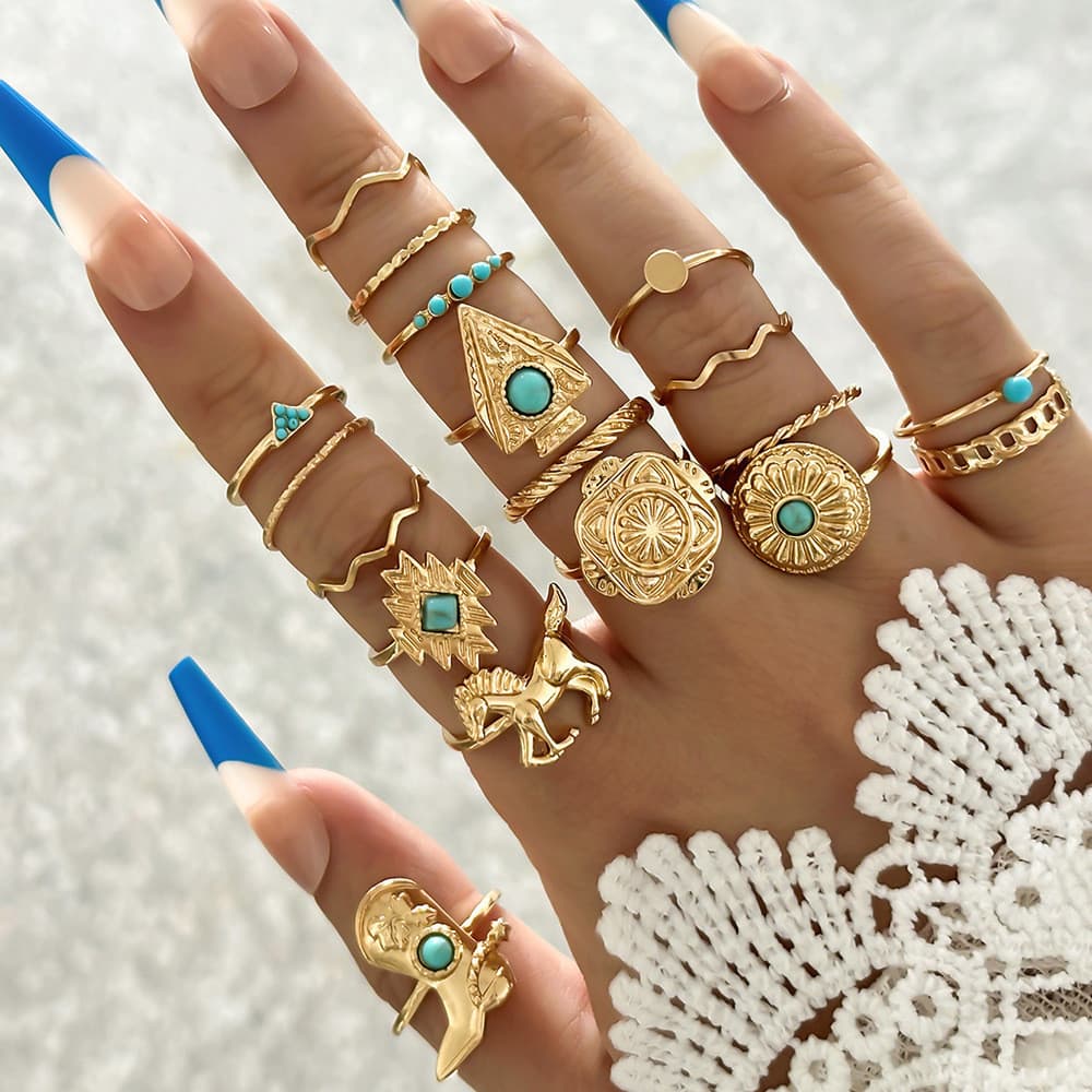 Conjunto de 18 anéis BLOSSOM, design de ferradura imitada, anel com padrão floral turquesa VABM