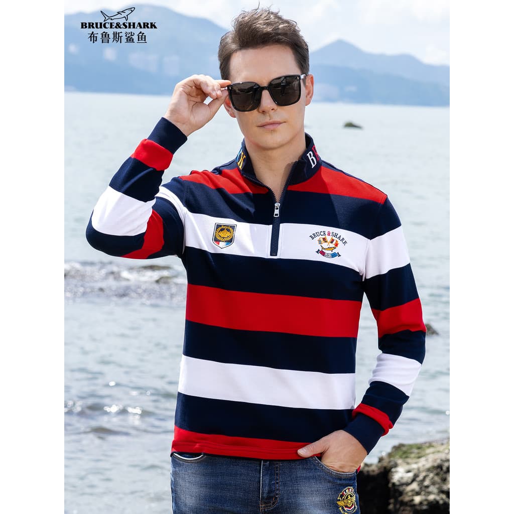 2025 outono novo estilo listrado camiseta masculina puro algodão de manga comprida Bruce Shark masculino na moda solto t
