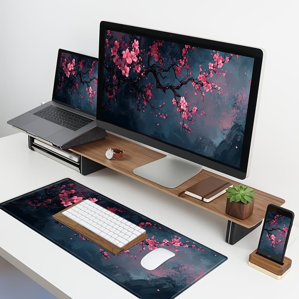 Mousepad Grande Flor Sakura Montanhas Nebulosas Base Antiderrapante Superfície Lisa Alta Precisão PC Notebook
