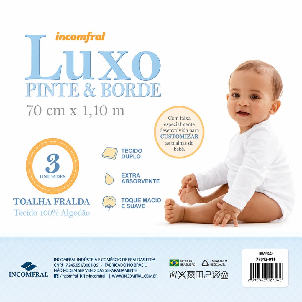 Toalha Fralda Luxo Pinte e Borde 70cmx1,10m100%Algodão Toalha de Pano, Toalha para Bordar, Enxoval