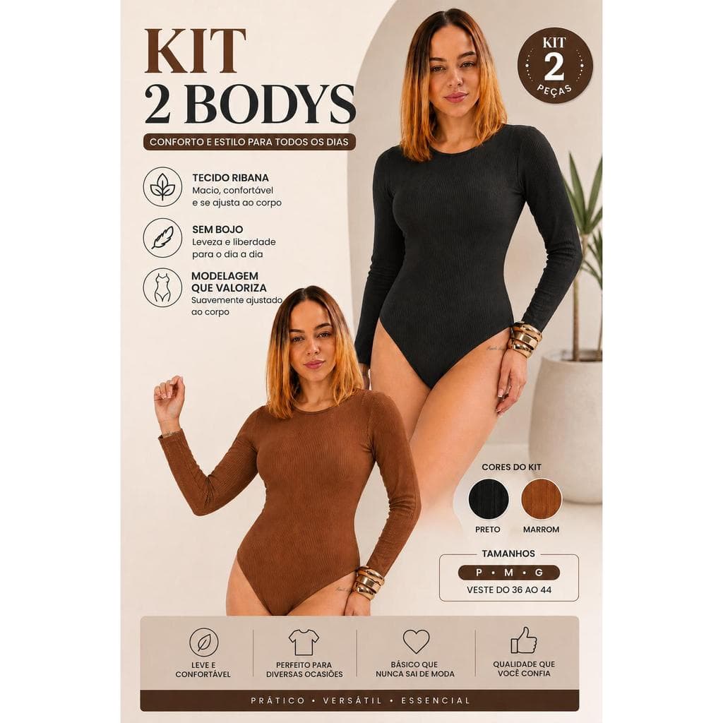 Kit Body Manga Longa Tecido Ribana