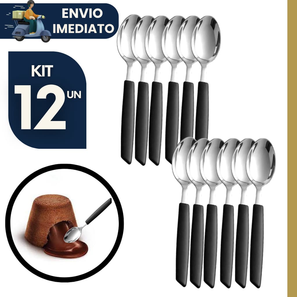 Kit 12 Colheres de Sobremesa / Chá  inox Cabo Plástico Resistente Colher Pequena p Café e Uso Diário