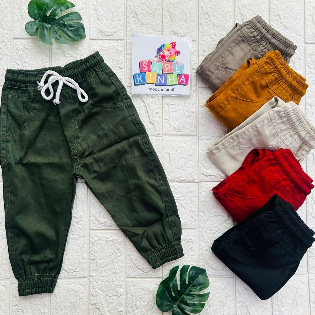 Calça Jogger Brim Lisa Infantil RN a 6 anos Com Elástico na Cintura e Cordão Casual Colorida