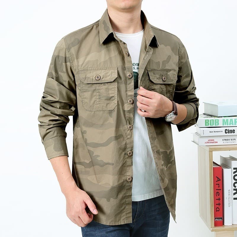Verão novo estilo camisa de algodão puro masculina de manga comprida ferramentas Multi-saco doméstico juventude Casual s