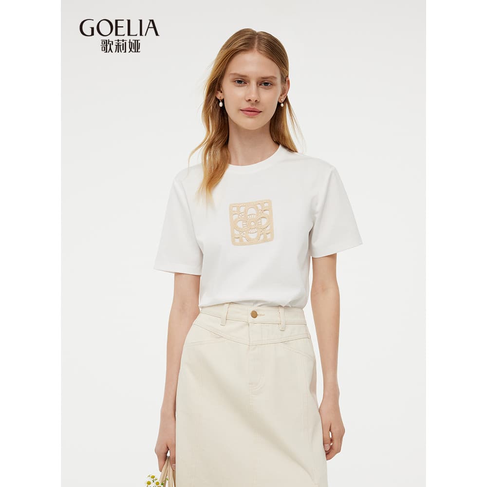 Gelia puro algodão camiseta feminina verão novo estilo branco bordado de manga curta Bottoming topo 1E4R0B010