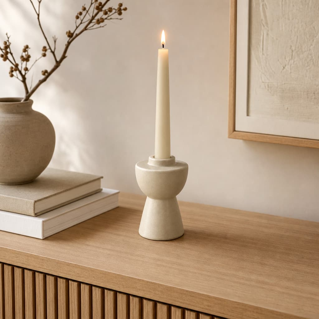 Castiçal Porta Velas Cerâmica Off White Bege Areia Decoração Boho