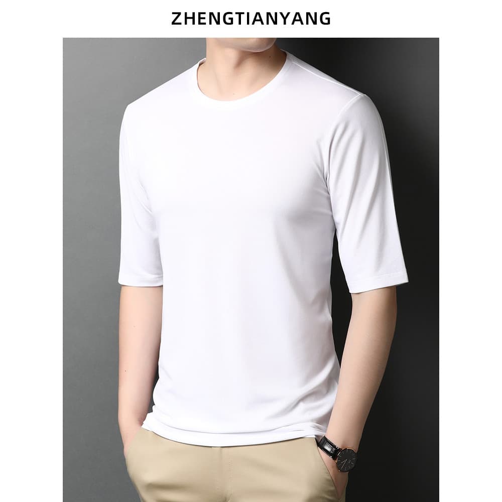 Camiseta masculina de seda amoreira de manga curta fina meia manga verão em torno do pescoço meia manga masculina legal