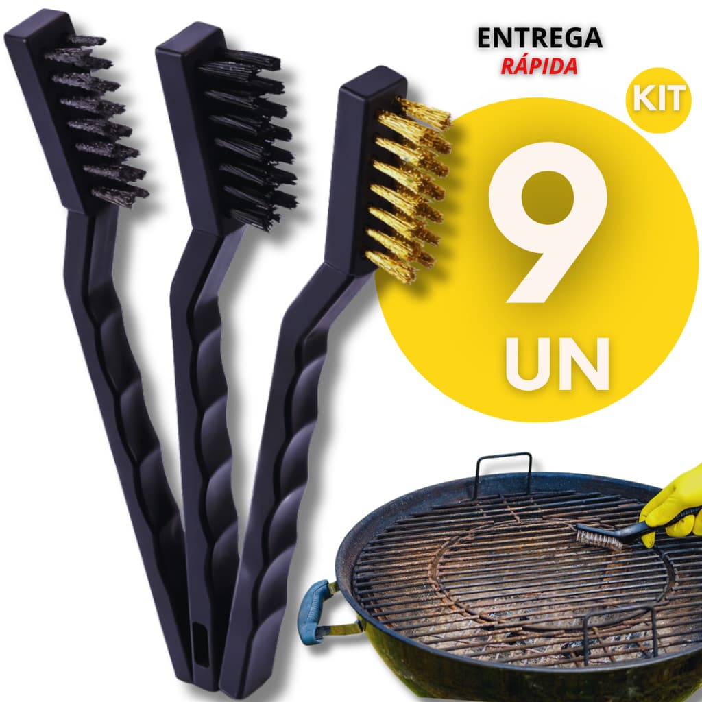 Kit 9 Escovas de Aço Multiuso Aço Latão Nylon Cabo Plástico Limpeza Pesada Utensilio Para Dia a Dia