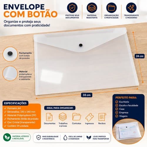 Envelope A4 Transparente Botao Organizacao Protecao Documentos Escritório Transporte