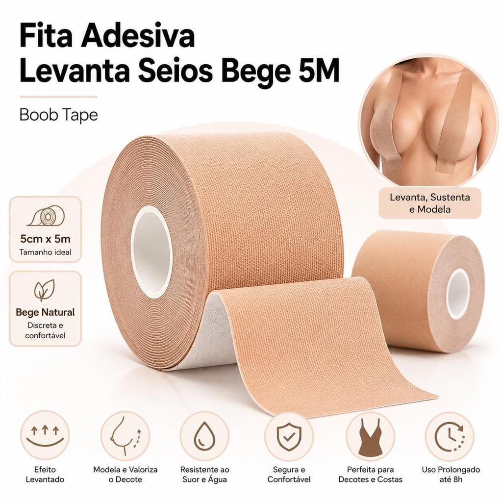 Fita Adesiva Levanta Seios Bege 5M x 5cm Boob Tape Sustentação Invisível para Decotes, Vestidos Sem Alça e Costas Aberta