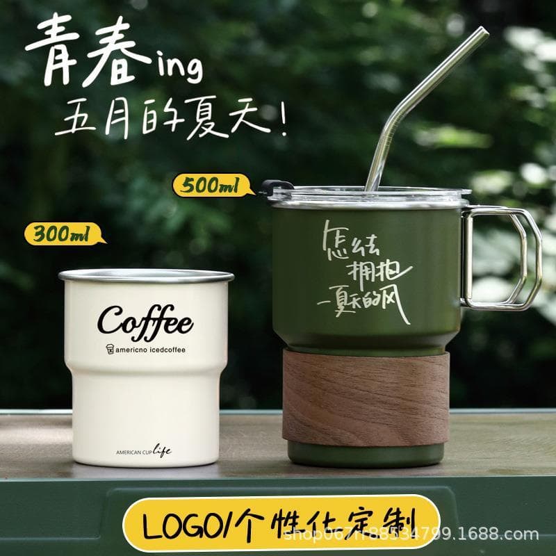 Copo de café de acampamento ao ar livre com logotipo impresso com alça 304 copo de água de aço inoxidável copo de bebida