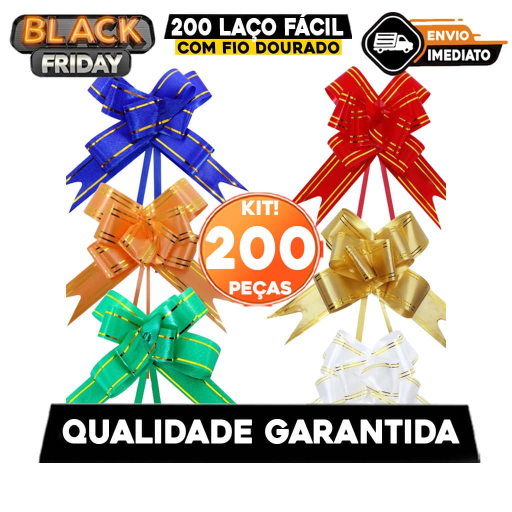 200 Laço Fácil com fio dourado 18mm x 34cm - Laço Magico 200 unidades