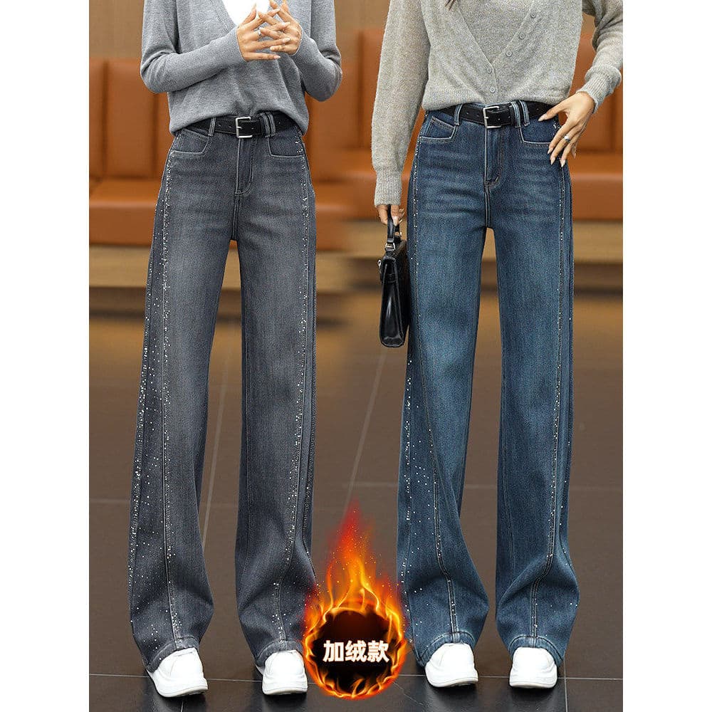Lã quente strass perna larga Jeans feminino 2026 novo estilo outono inverno cintura alta solta tornozelo-perna estreita