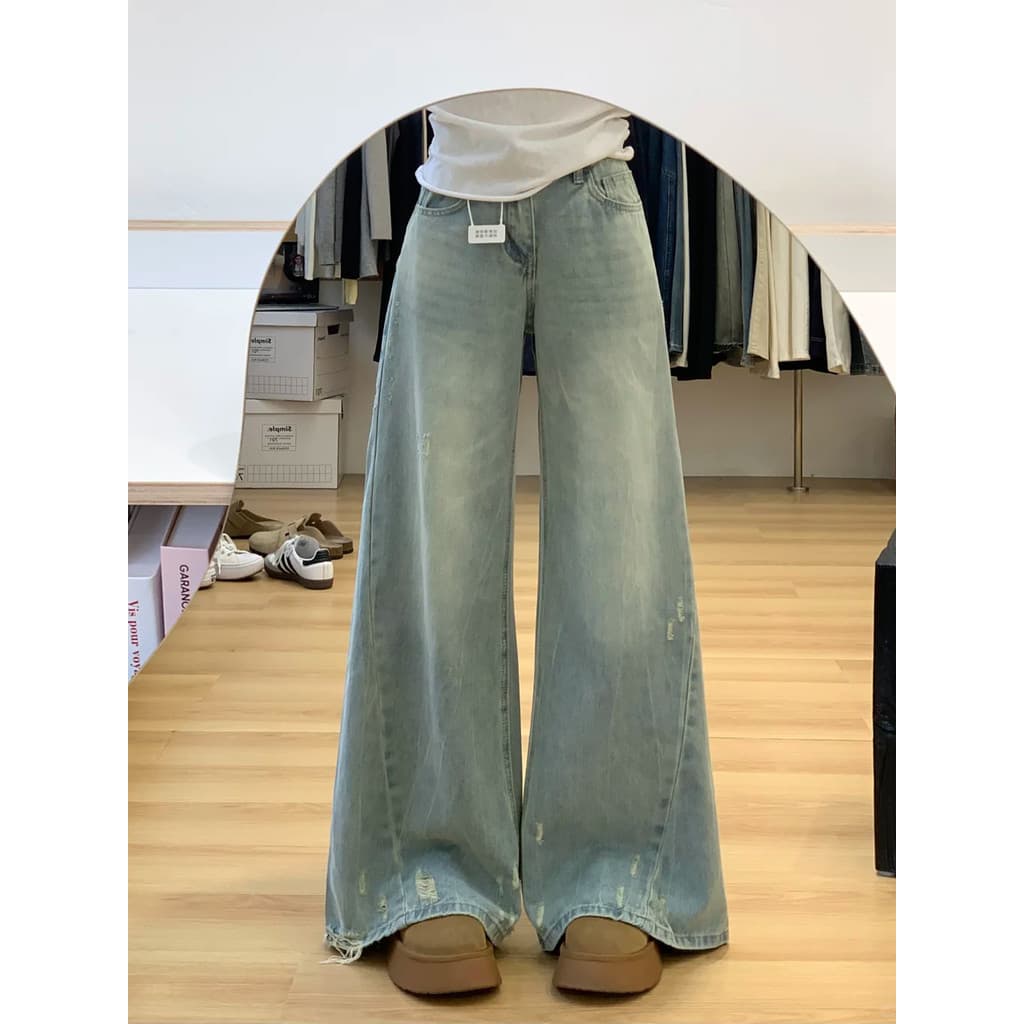 Americano Retro lavado Jeans calças de perna reta feminina pequena cintura baixa solta calças de perna larga chão calças