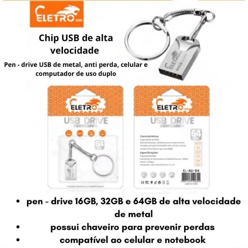 Pen Drive USB 2.0 Metálico com Chaveiro 8GB – Compacto, Resistente à Água, p/ PC e Notebook