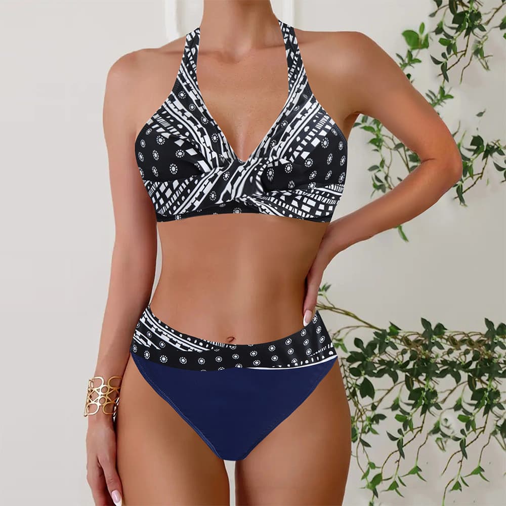Novo biquíni de duas peças plus size com cintura alta e estampa xadrez, estilo europeu e americano.