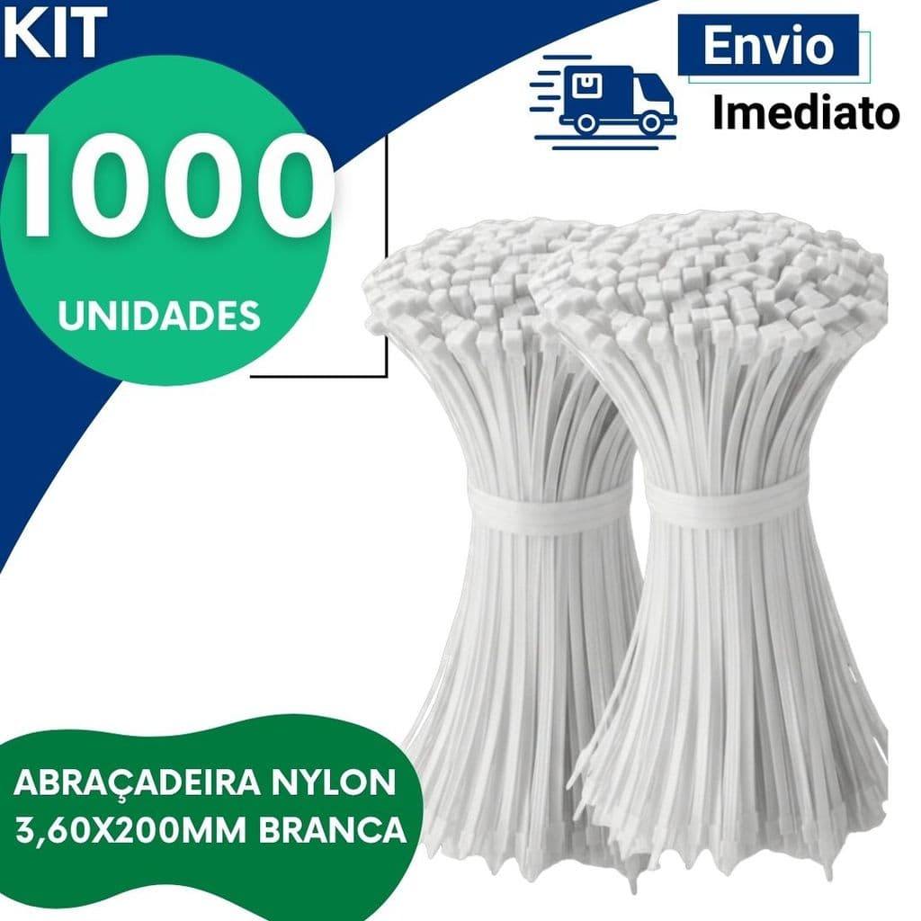 Abraçadeira de Nylon 3,6x200mm Branca Enforca Gato Reforçada Organizador Cabos Kit 200 300 500 1000 Unidades