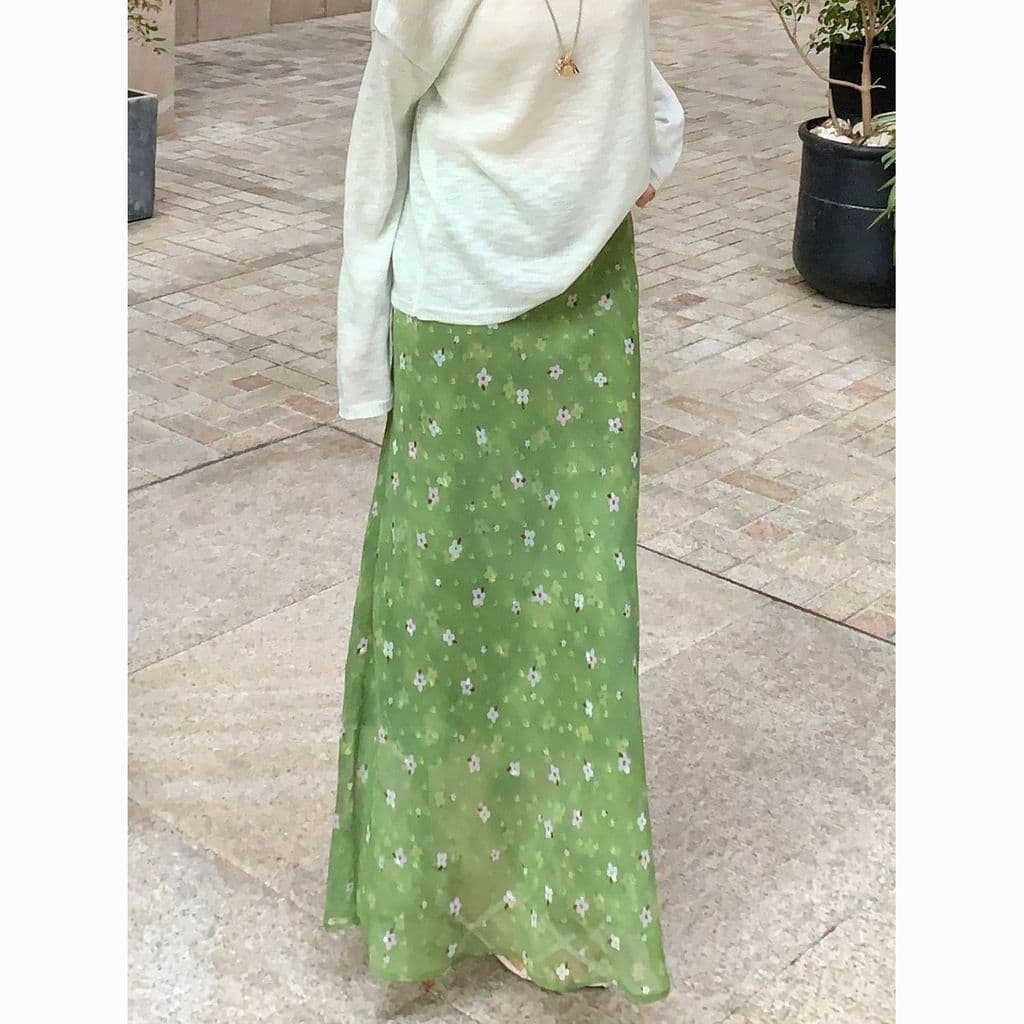 Retro Viajando Saia Verde Impressa Nova Cintura Elástica Francesa Fishtail Longa Feminina